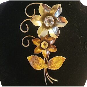 Vintage Brooch Flower Bouquet Brooch Pin Gold-tone 4 Inch